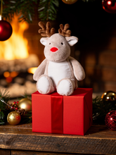 Load image into Gallery viewer, Personalised zippy soft Christmas Reindeer, presented in red gift box with ribbon.