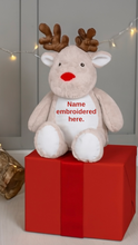 Load image into Gallery viewer, Personalised zippy soft Christmas Reindeer, presented in red gift box with ribbon.