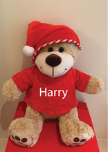 Load image into Gallery viewer, Christmas Teddy With Christmas hat and printed Personalised Velour Top. Presented in gift box.