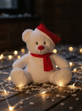 Load image into Gallery viewer, Personalised zippy soft Christmas Bear, presented in red gift box with ribbon.
