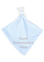 Load image into Gallery viewer, Baby Bear Blue Embroidered Name Comforter with Rattle.
