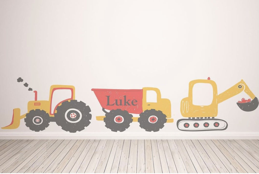 Hand Drawn Style Digger, Tractor and Truck Wall Decal